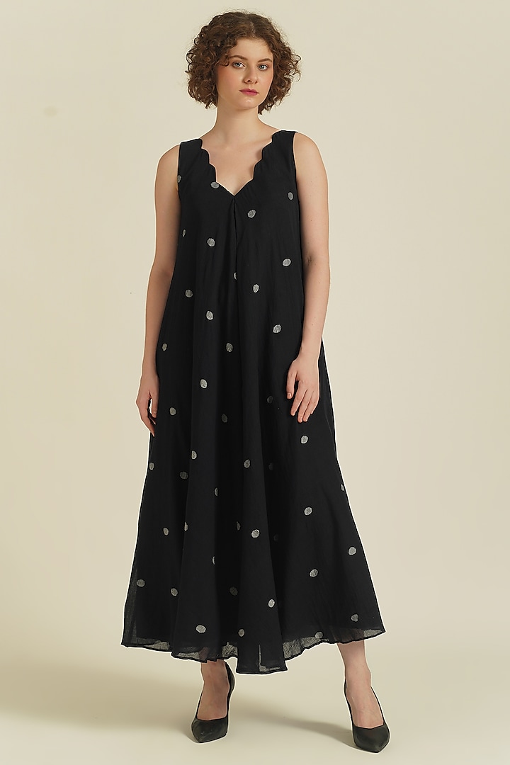 Black Handwoven Jamdani Cotton Maxi Dress by Indigo Dreams