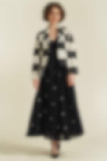 Black Handwoven Jamdani Cotton Checkered Jacket Dress by Indigo Dreams
