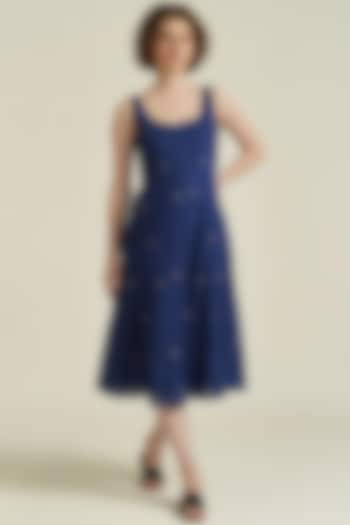 Blue Handwoven Jamdani Cotton Flared Dress by Indigo Dreams at Pernia's Pop Up Shop