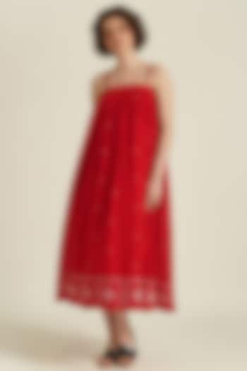 Red Handwoven Jamdani Cotton Strap Dress by Indigo Dreams