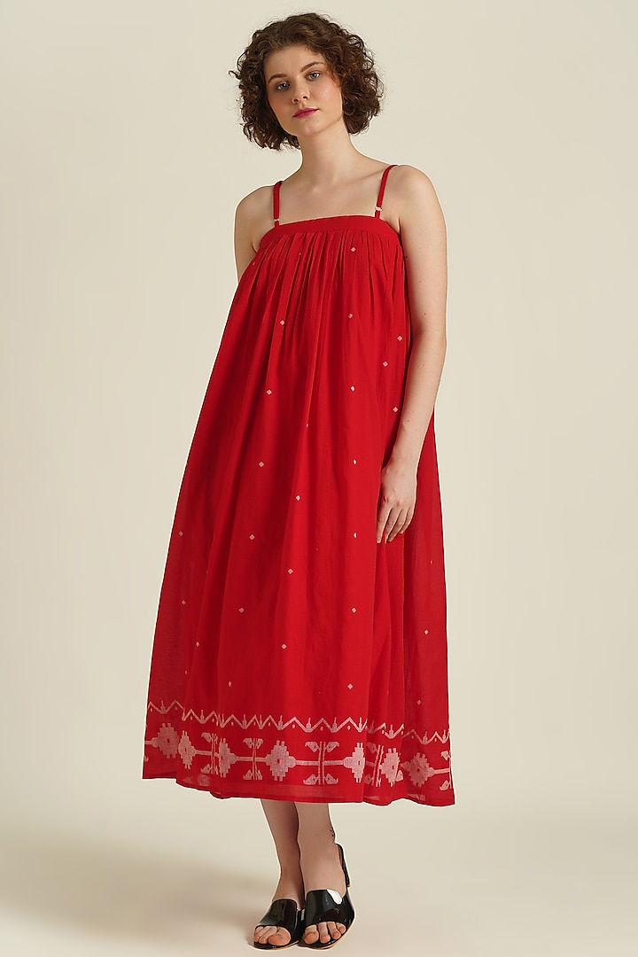 Red Handwoven Jamdani Cotton Strap Dress by Indigo Dreams