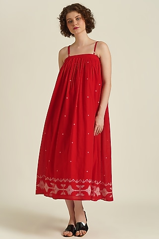 Red Handwoven Jamdani Cotton Strap Dress by Indigo Dreams