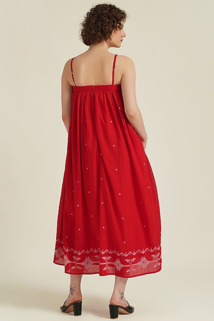 Red Handwoven Jamdani Cotton Strap Summer Dress by Indigo Dreams at Pernia's Pop Up Shop