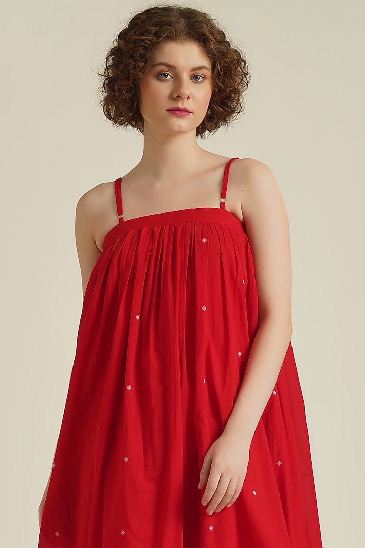 Red Handwoven Jamdani Cotton Strap Summer Dress by Indigo Dreams at Pernia's Pop Up Shop