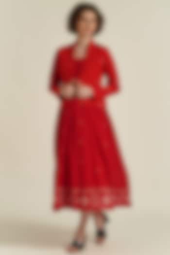 Red Handwoven Jamdani Cotton Gathered Jacket Dress by Indigo Dreams