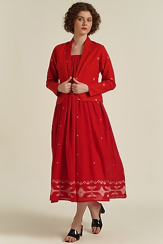Red Handwoven Jamdani Cotton Gathered Jacket Dress by Indigo Dreams