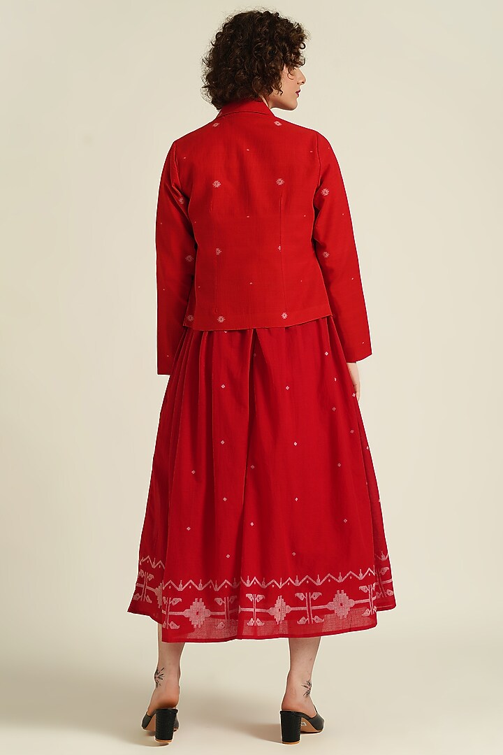 Red Handwoven Jamdani Cotton Gathered Jacket Vacation Dress by Indigo Dreams at Pernia's Pop Up Shop
