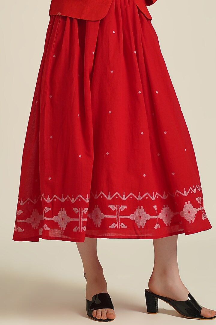 Red Handwoven Jamdani Cotton Gathered Jacket Vacation Dress by Indigo Dreams at Pernia's Pop Up Shop