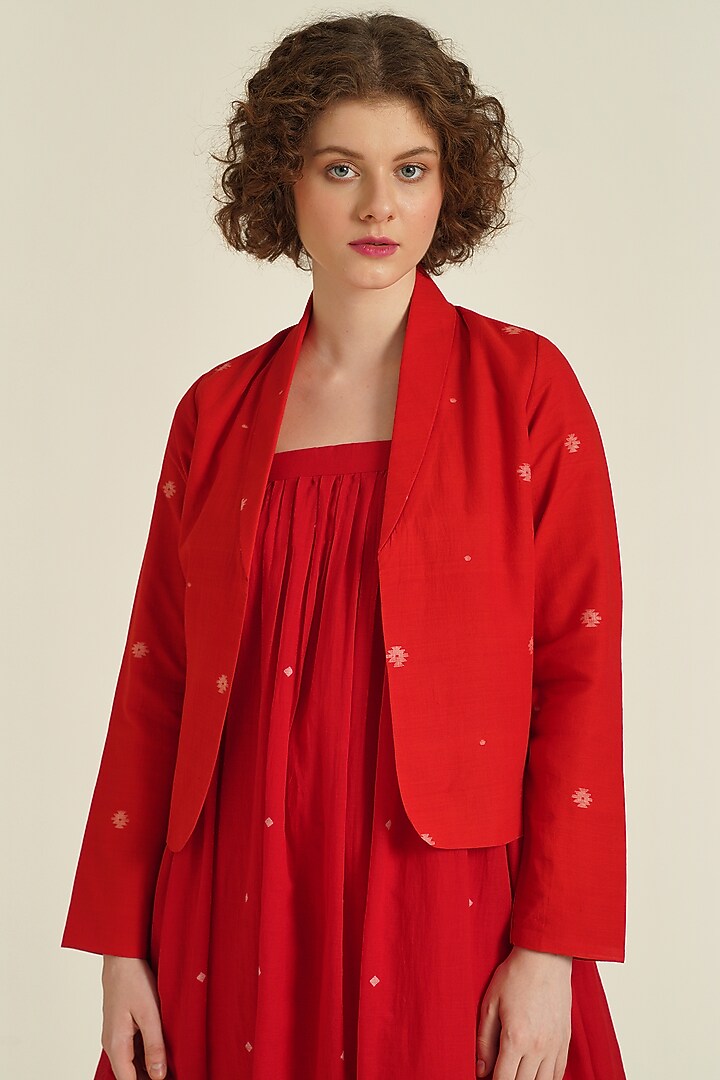 Red Handwoven Jamdani Cotton Gathered Jacket Vacation Dress by Indigo Dreams at Pernia's Pop Up Shop