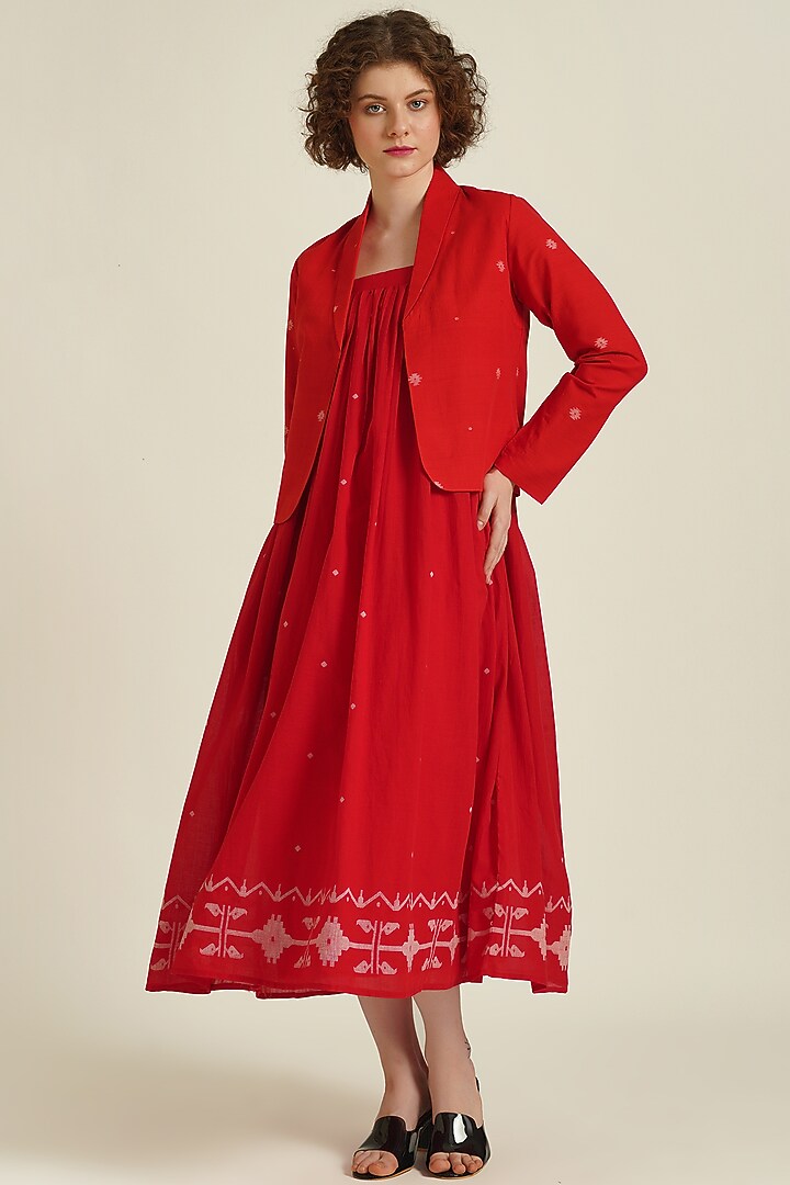 Red Handwoven Jamdani Cotton Gathered Jacket Vacation Dress by Indigo Dreams at Pernia's Pop Up Shop