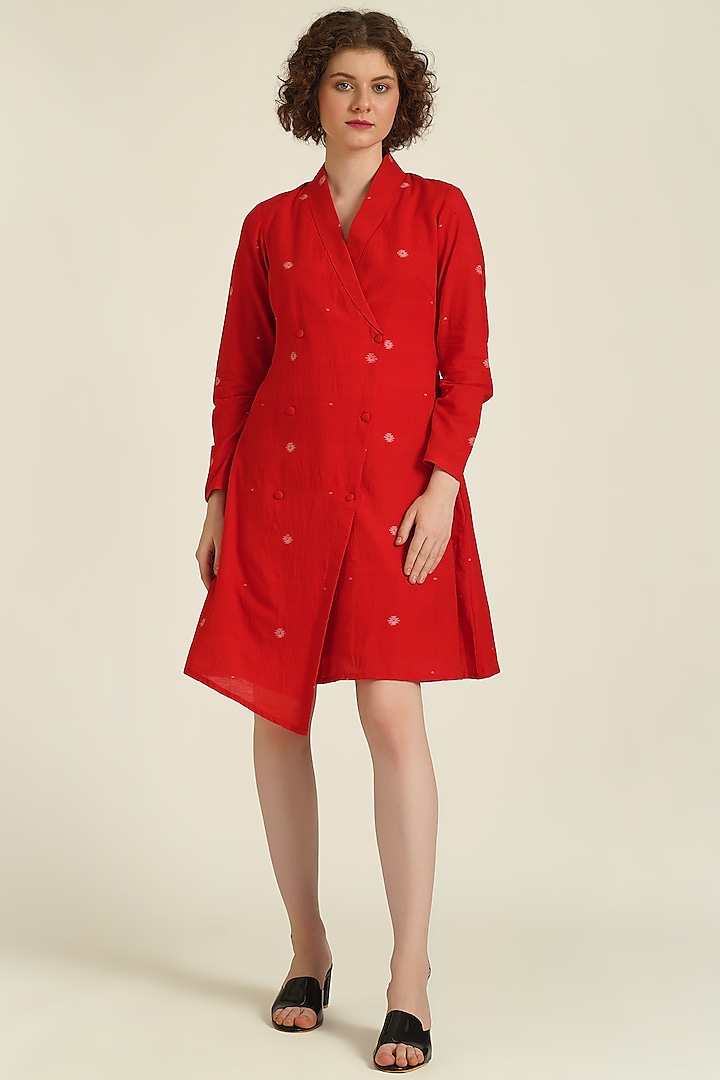 Red Handwoven Jamdani Cotton Jacket Dress by Indigo Dreams