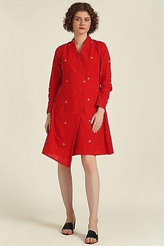 Red Handwoven Jamdani Cotton Jacket Dress by Indigo Dreams