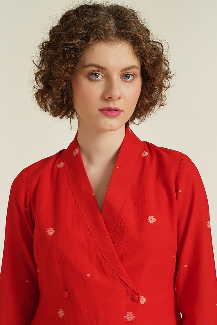 Red Handwoven Jamdani Cotton Jacket Summer Dress by Indigo Dreams at Pernia's Pop Up Shop