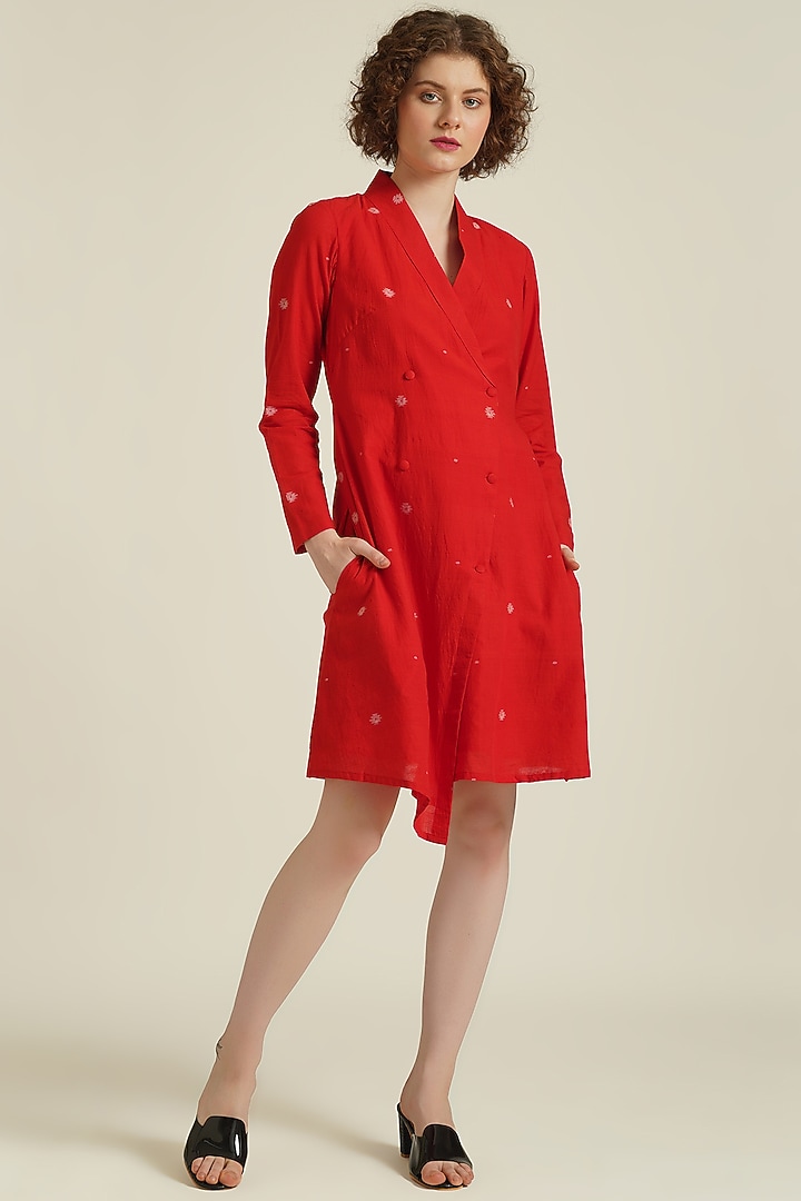 Red Handwoven Jamdani Cotton Jacket Summer Dress by Indigo Dreams at Pernia's Pop Up Shop