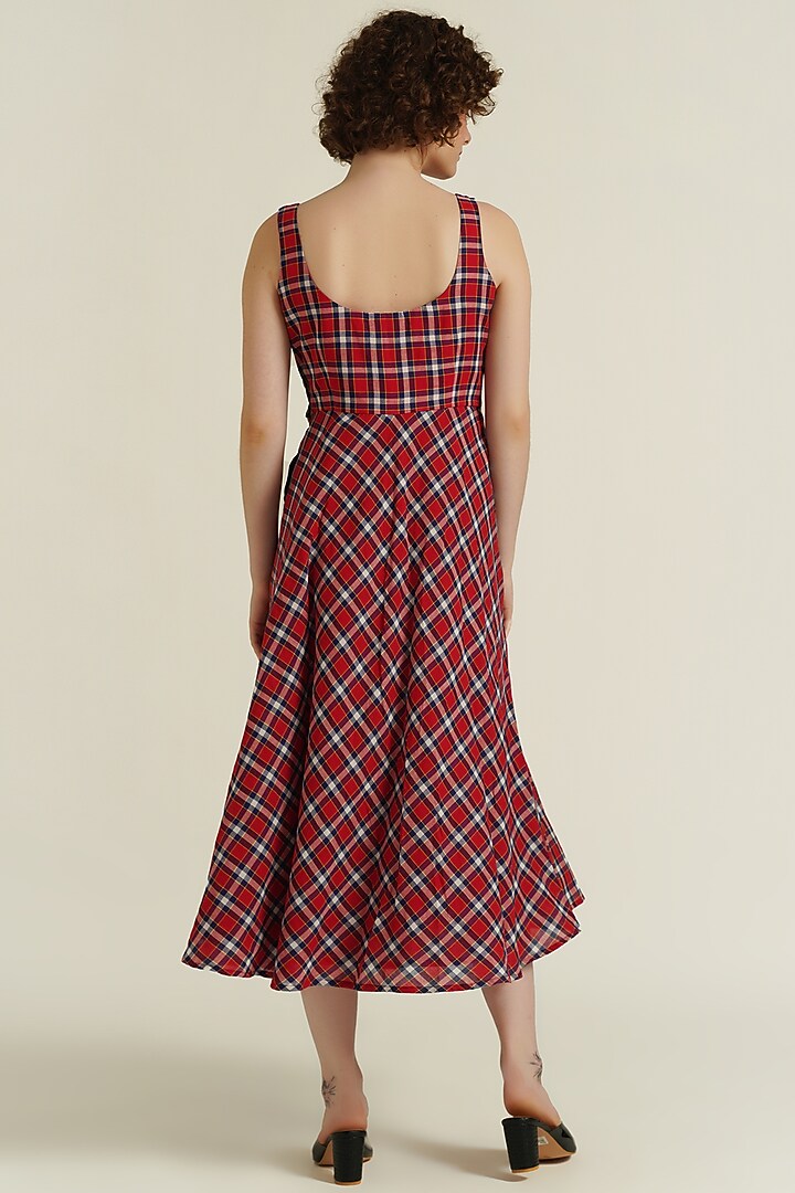 Red Handwoven Jamdani Cotton Flared Summer Dress by Indigo Dreams at Pernia's Pop Up Shop