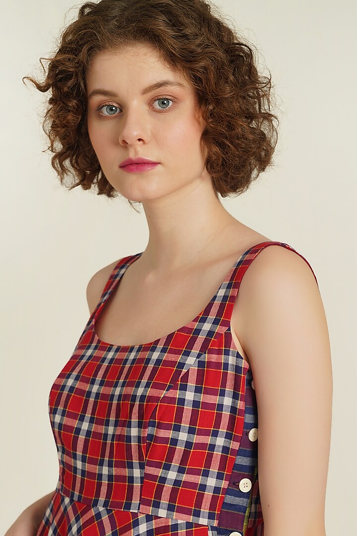 Red Handwoven Jamdani Cotton Flared Summer Dress by Indigo Dreams at Pernia's Pop Up Shop