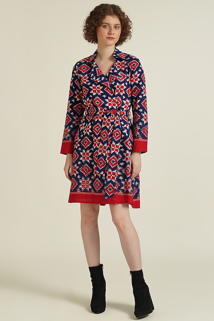 Red Cotton Double Breasted Coat Cum Dress by Indigo Dreams