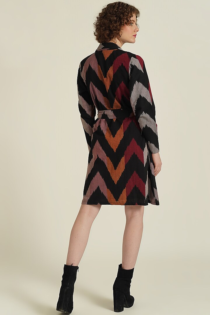 Multi-Colored Handwoven Ikat Cotton Double Breasted Coat Cum Summer Dress by Indigo Dreams at Pernia's Pop Up Shop
