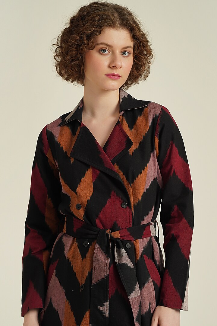 Multi-Colored Handwoven Ikat Cotton Double Breasted Coat Cum Summer Dress by Indigo Dreams at Pernia's Pop Up Shop