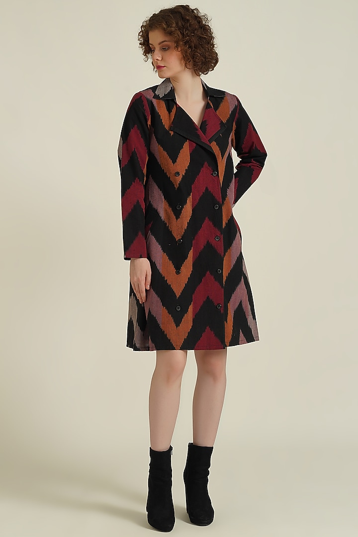 Multi-Colored Handwoven Ikat Cotton Double Breasted Coat Cum Summer Dress by Indigo Dreams at Pernia's Pop Up Shop