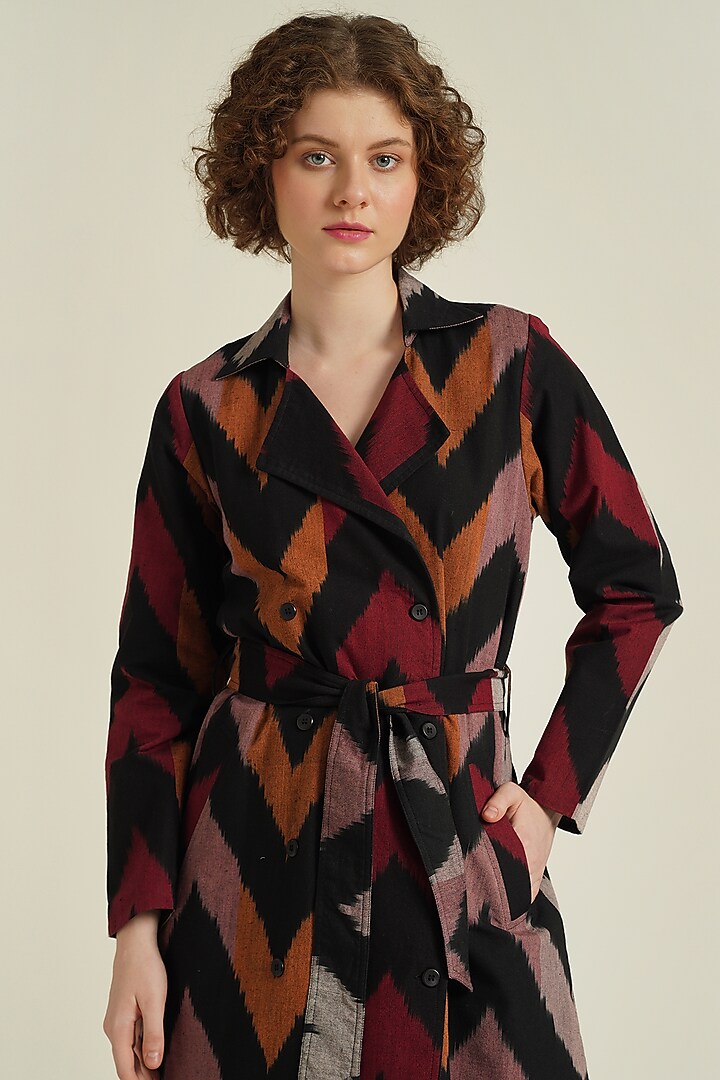 Multi-Colored Handwoven Ikat Cotton Double Breasted Coat Cum Summer Dress by Indigo Dreams at Pernia's Pop Up Shop