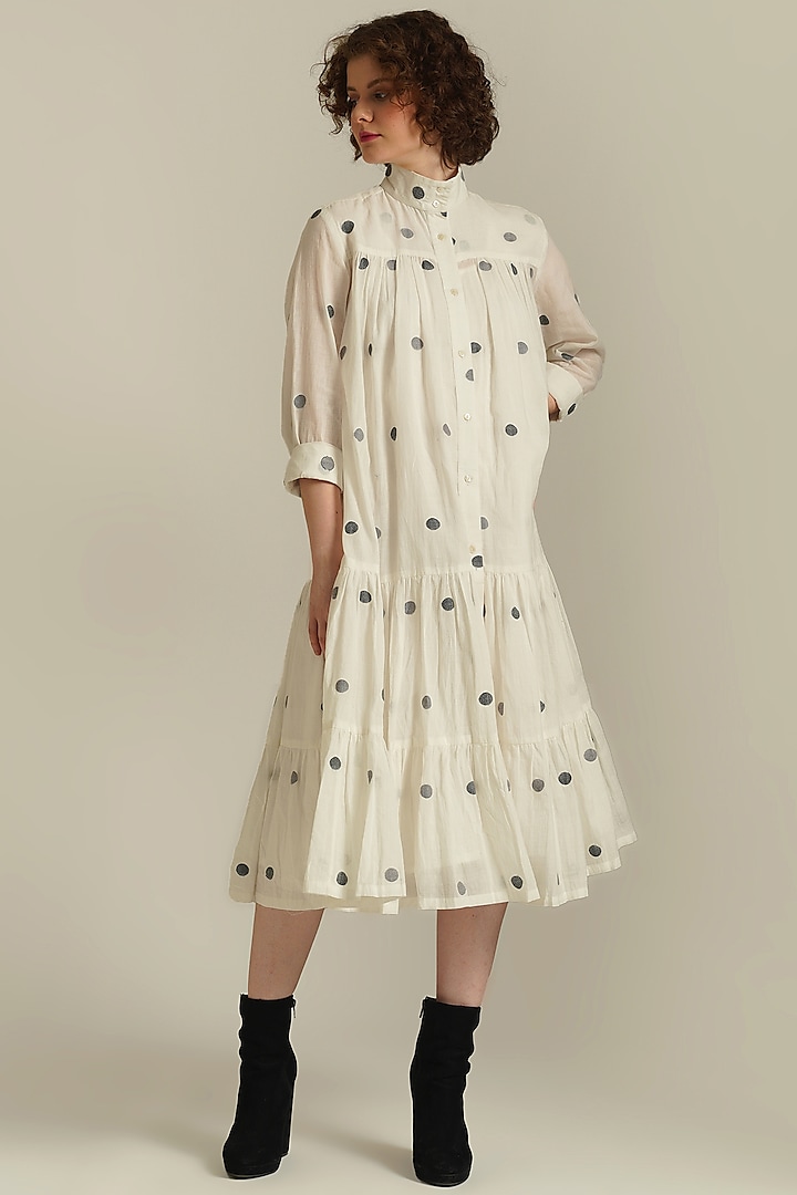 Ivory Handwoven Jamdani Cotton Tiered Shirt Dress by Indigo Dreams