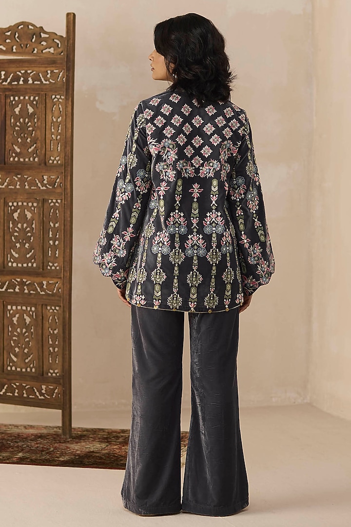 Grey Velvet Zari & Sequins Embroidered Co-Ord Set by Inej at Pernia's Pop Up Shop