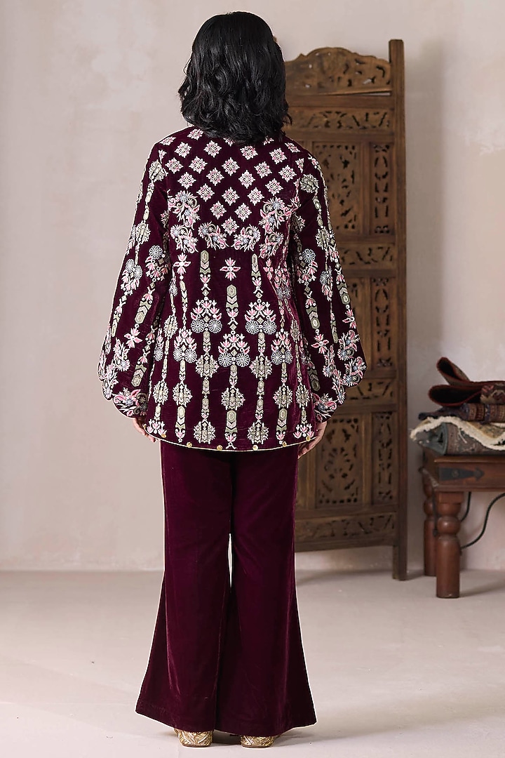 Wine Velvet Zari & Sequins Embroidered Co-Ord Set by Inej at Pernia's Pop Up Shop