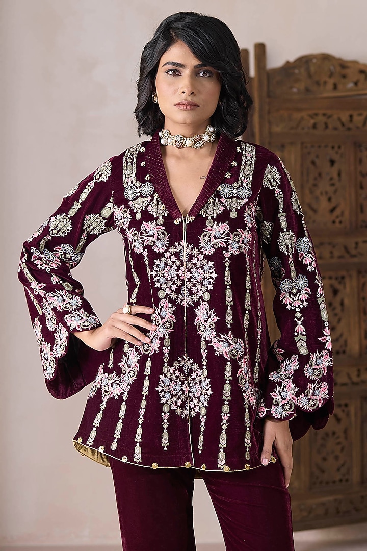 Wine Velvet Zari & Sequins Embroidered Co-Ord Set by Inej at Pernia's Pop Up Shop