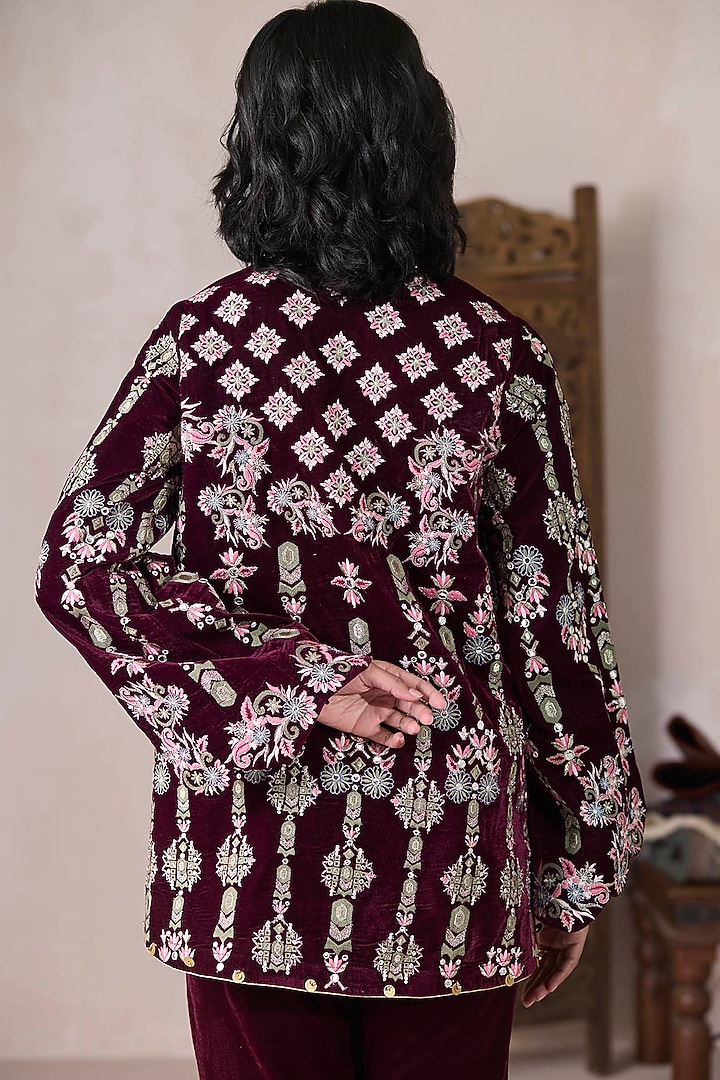 Wine Velvet Zari & Sequins Embroidered Co-Ord Set by Inej at Pernia's Pop Up Shop