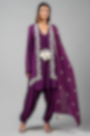 Purple Rayon Flex Embroidered Kurta Set by Inej