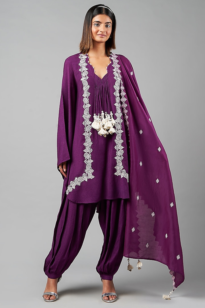 Purple Rayon Flex Embroidered Kurta Set by Inej