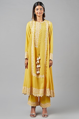 Yellow Rayon Flex Embroidered Kurta Set by Inej