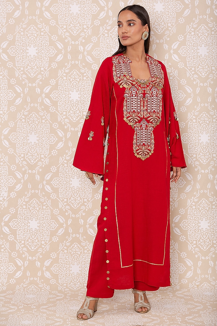 Red Embroidered Kurta Set by Inej