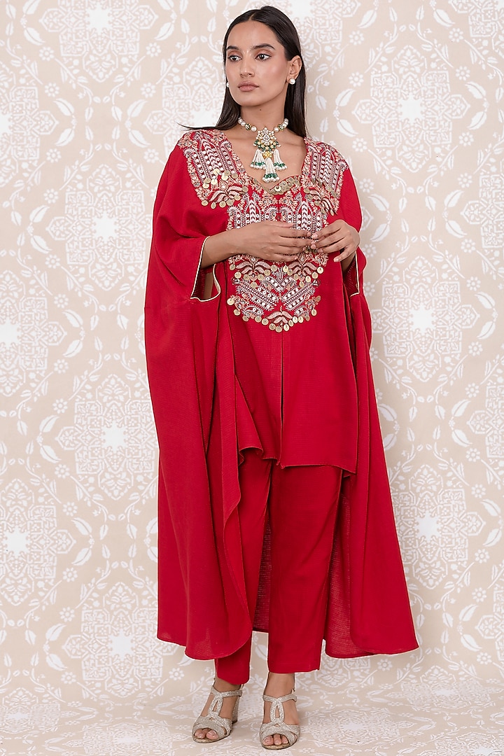 Red Embroidered Draped Cape Set by Inej