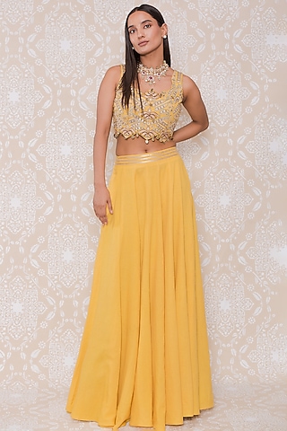 Yellow Rayon Flex Lehenga Set by Inej