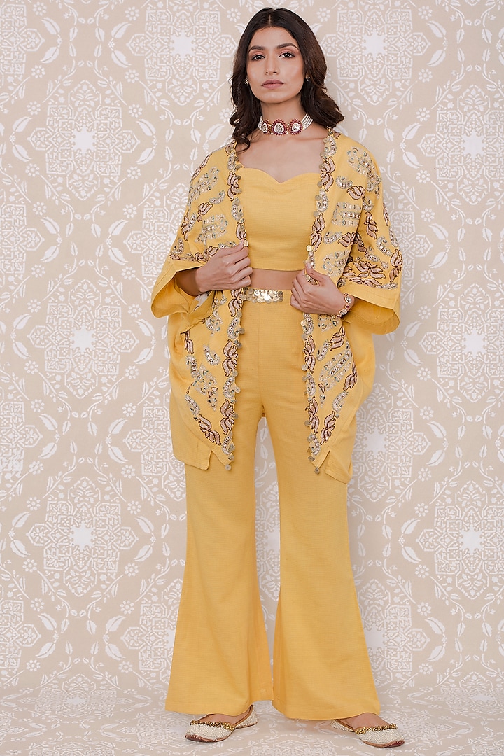 Yellow Rayon Embroidered Co-Ord Set by Inej