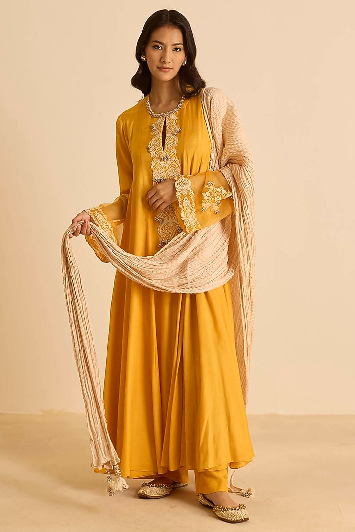 Orange Cotton Silk Dori Embroidered Kalidar Kurta Set by Inej at Pernia's Pop Up Shop