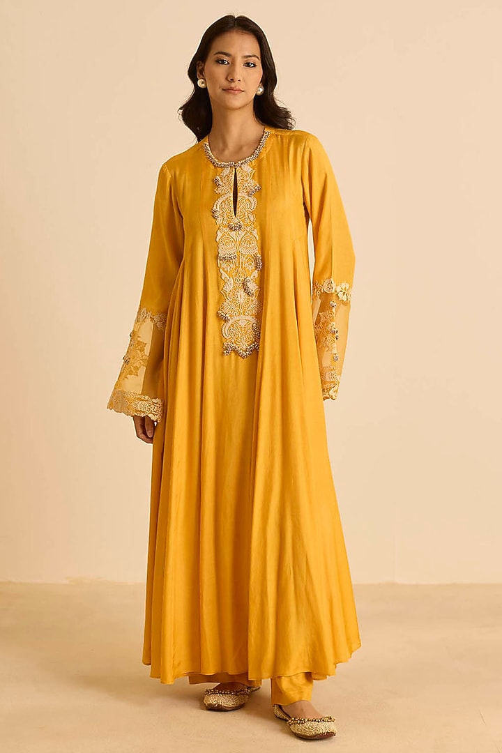 Orange Cotton Silk Dori Embroidered Kalidar Kurta Set by Inej at Pernia's Pop Up Shop