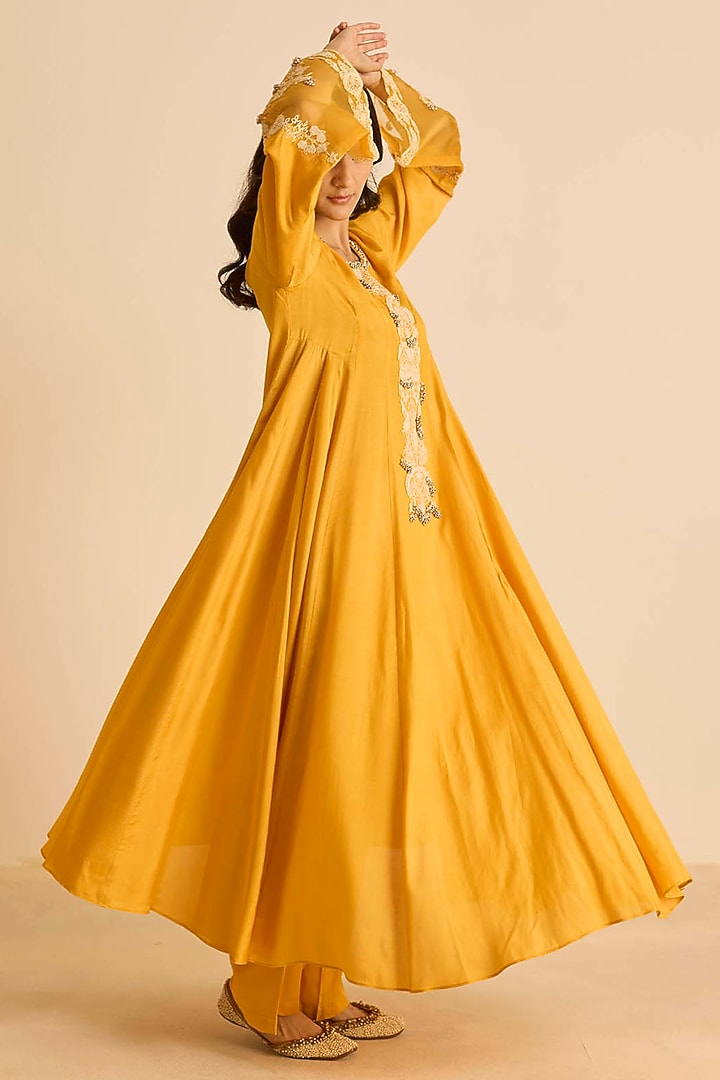 Orange Cotton Silk Dori Embroidered Kalidar Kurta Set by Inej at Pernia's Pop Up Shop