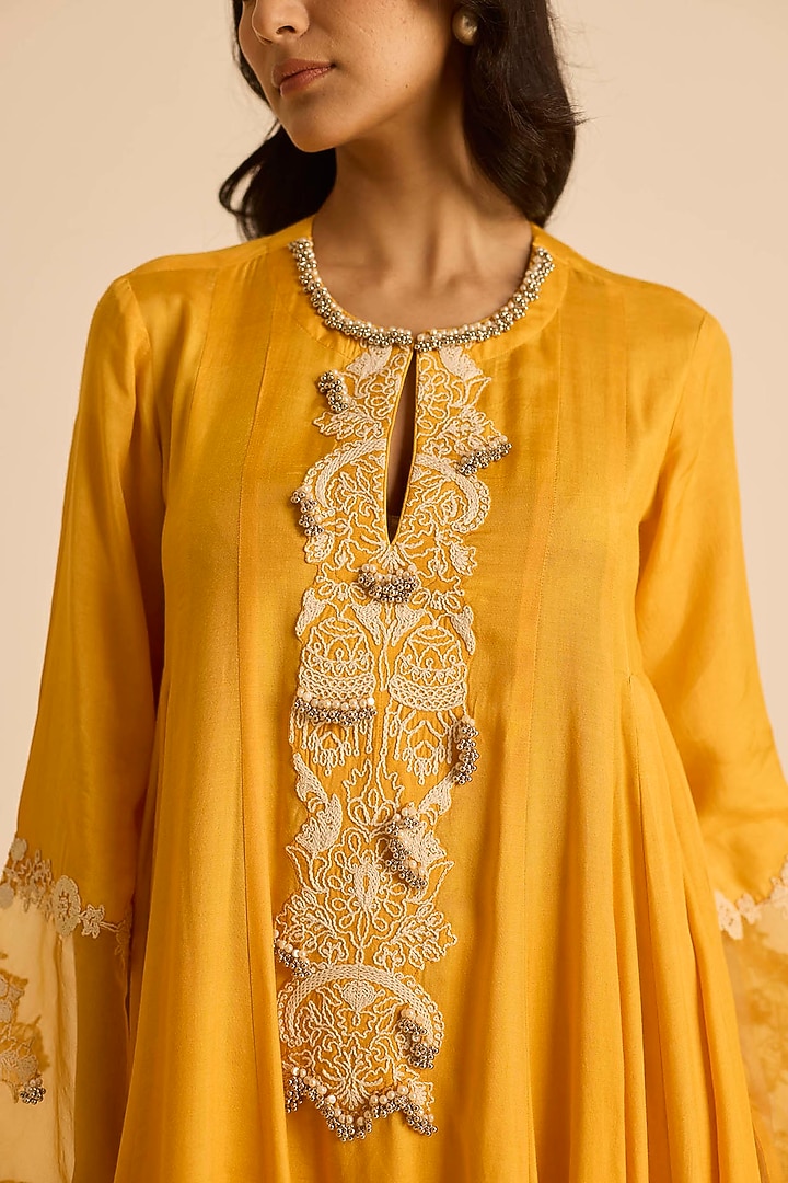 Orange Cotton Silk Dori Embroidered Kalidar Kurta Set by Inej at Pernia's Pop Up Shop