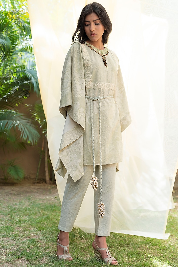 Olive Green Embroidered and Embellished Kaftan Set by Inej