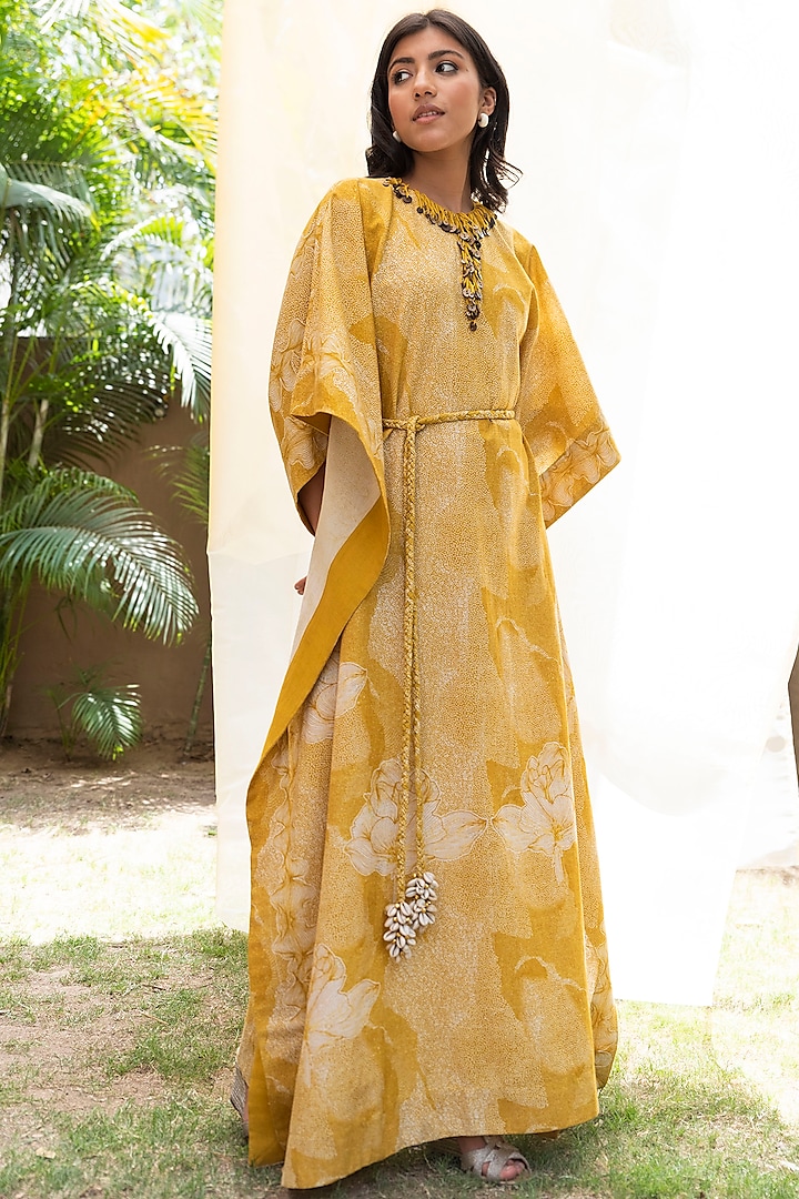 Mustard Aari Embroidered Kaftan Dress by Inej