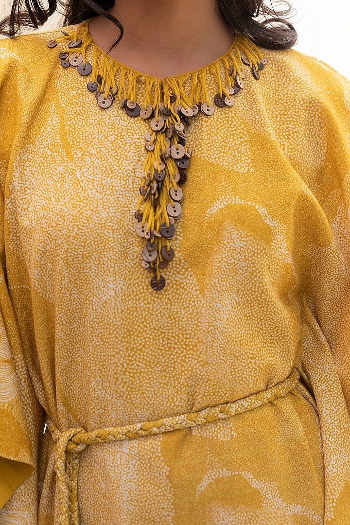 Mustard Aari Embroidered Kaftan Dress by Inej at Pernia's Pop Up Shop