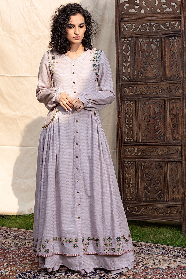 Mauve Aari Embroidered Party Wear Anarkali Set by Inej at Pernia's Pop Up Shop
