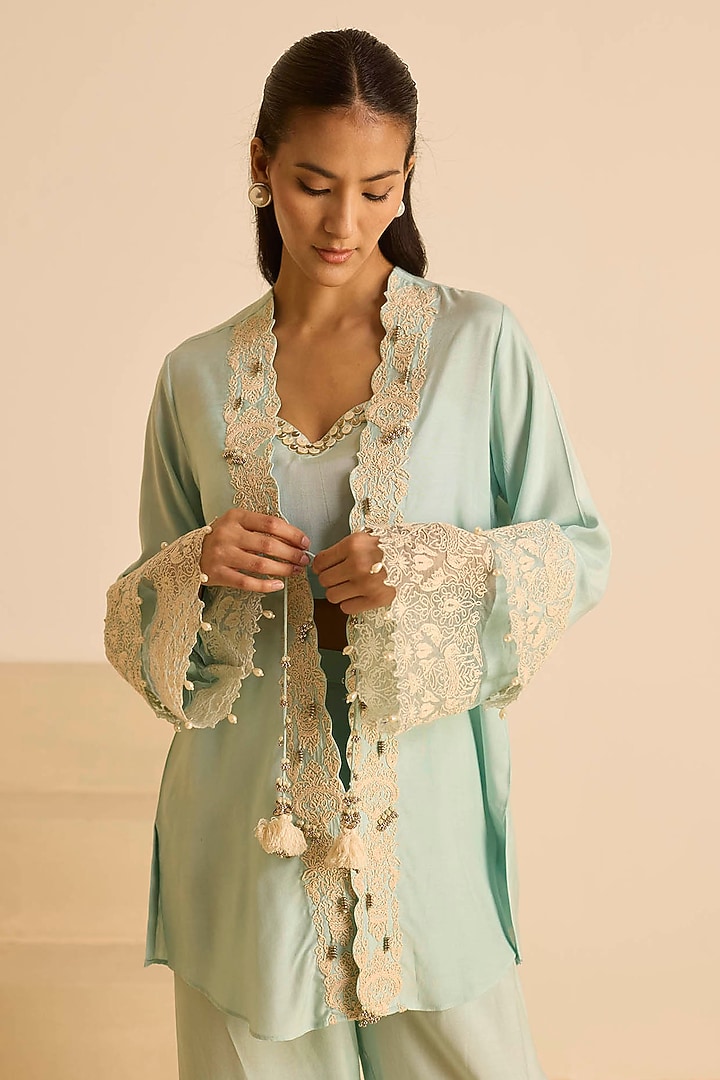 Sky Blue Cotton Silk & Organza Dori Embroidered Co-Ord Set by Inej at Pernia's Pop Up Shop