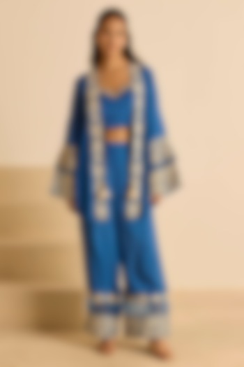 Blue Cotton Silk & Organza Dori Embroidered Co-Ord Set by Inej at Pernia's Pop Up Shop