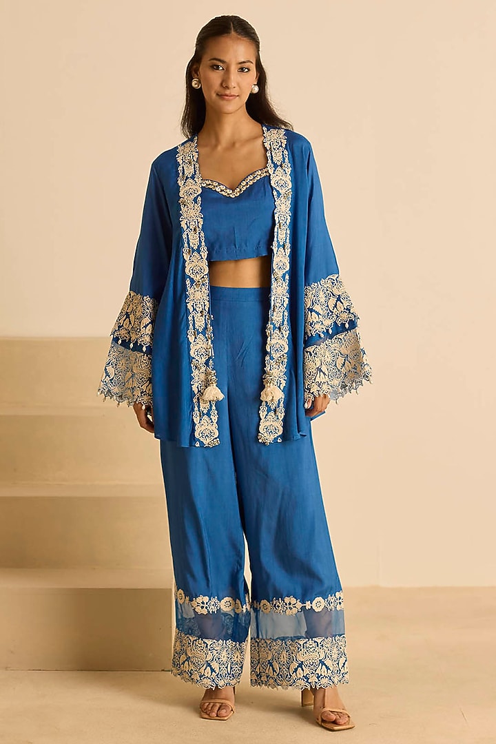 Blue Cotton Silk & Organza Dori Embroidered Co-Ord Set by Inej at Pernia's Pop Up Shop