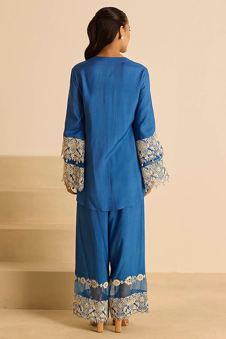 Blue Cotton Silk & Organza Dori Embroidered Co-Ord Set by Inej at Pernia's Pop Up Shop