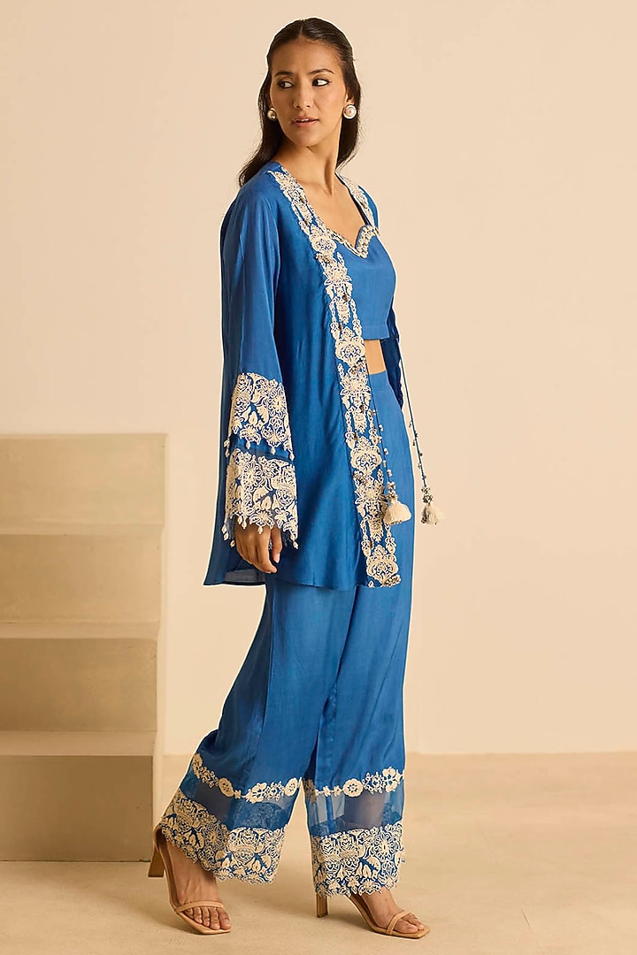 Blue Cotton Silk & Organza Dori Embroidered Co-Ord Set by Inej at Pernia's Pop Up Shop